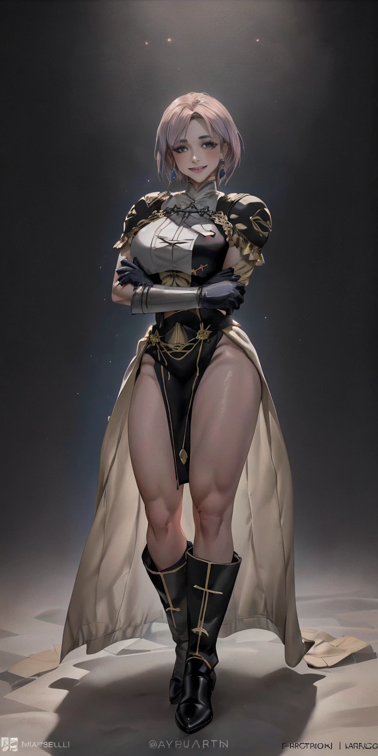 (((1 girl))) short hair, earings ,glossy lips ,team rocket uniform, red letter R, white skirt, white crop top, black thigh-high boots, black elbow gloves, evil smile, looking at viewer, cowboy shot, arms crossed, full body photo Mercedes von Martritz (Fire Emblem: Three Houses)