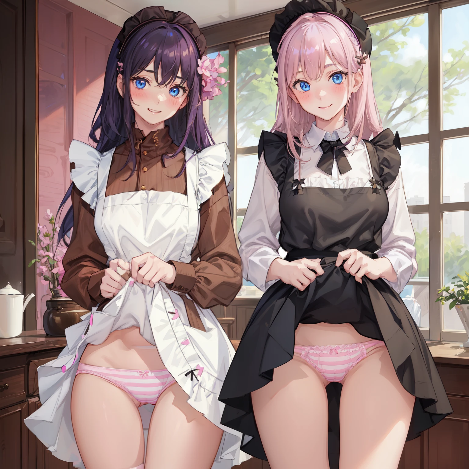 highest quality, masterpiece, ((2 girls:1.5)), ((smile:1.3)), (blush:1.3), Black Shirt, blouse, ((fun!!)), (Small breasts), Blonde, (Long sleeve), ((White apron:1.5)), ((Maid)), ((hair ornaments)), Kamimei, look at me, ((in house:1.5)), Taking a break from watching the audience, Cowboy Shot, (skirtlift:1.3), (Highly detailed pink striped panties:1.3), (Highly detailed panties:1.3), (skirt that rolls up:1.3), (Panties fully exposed:1.5), Light blue eyes, long hair, Glowing Eyes
