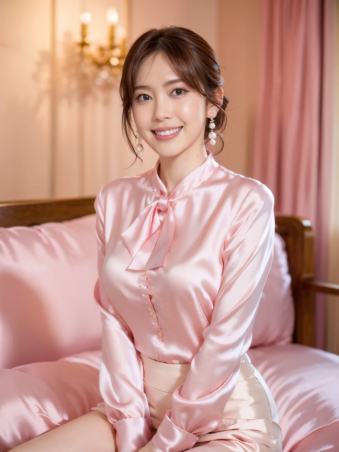 (RAW Photos:1.2)、 (Realistic:1.4),(D cup breasts),Thick legs、alone、(pink silk_blouse:1.5),(White pencil skirt:1.4),(Pearl_Earrings:1.3),Jewelry Necklace Short Hair,black eye、(Dimly lit hotel room:1.8)、(Looking at the audience:1.2)、Beautiful Japanese Women, Very detailed,High resolution, Very detailed,highest quality,Raising awareness,Unified,8k wallpaper,masterpiece,highest quality,1 female,alone,rich,Whole Body Ezbian,(A kind smile:1.5)、(Upper body photo)、Sit on the sofa with your legs together、Black pumps、Wooden floor、chandelier