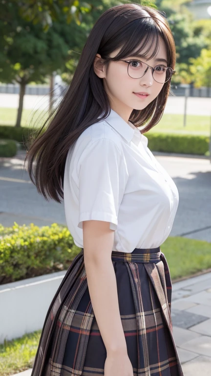 8K、Detailed Description、Very high definition、Realistic、reality的、Real、live-action、reality、High resolution、Nogizaka46、japanese idol,beautiful girl、21 years old、Dark brown eyes、School、Schoolyard、sunny、light smile, closed mouth,Long Hair、Headband、Glasses、Knee-up-top angle of view、Back view、look back、School、Short sleeve shirt、Beige plaid skirt、Very black hair、pretty girl、Beauty、Glowing Skin、Glowing Skin、Shiny Hair、Hair blowing in the wind、Very white skin、Heavy makeup、Large Breasts、Slit eyes、Big Eyes、Double eyelids、Don't show your teeth、