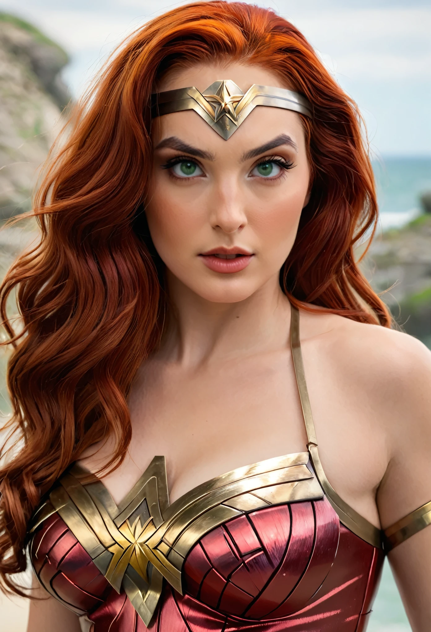 A beautiful sexy Red hair, green-eyed classic 70s Wonder Woman (detailed realistic,4k,highres,masterpiece:1.2), (Straight hair)