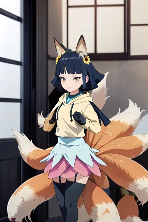 One girl, sunflower, hoodie, Hima Skirt,nine tailed fox、Black Stockings, indoor, masterpiece, highest quality, detailed  