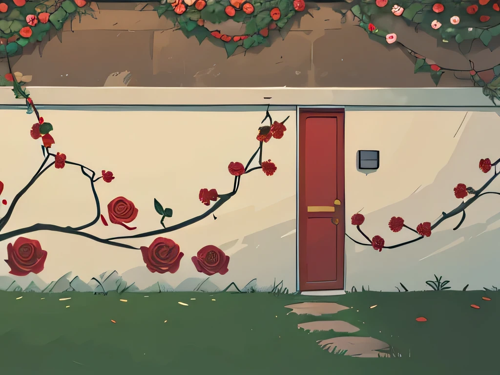 Illustration of  a wall covered withdozens of pretty red roses and vines and leaves, small roses have covered the entire wall, looking really pretty,