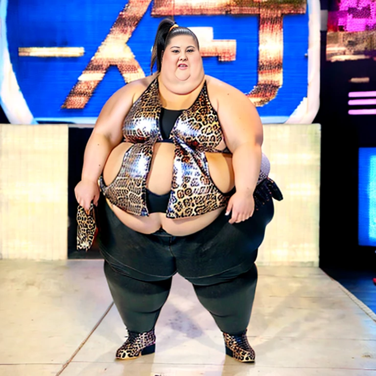 Ssbbw extremely morbidly obese solo Bayley full body alone wearing a leopard dress