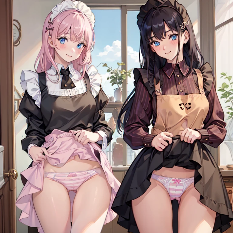 highest quality, masterpiece, ((2 girls:1.5)), ((smile:1.3)), (blush:1.3), Black Shirt, blouse, ((fun!!)), (Small breasts), Blonde, (Long sleeve), ((White apron:1.5)), ((Maid)), ((hair ornaments)), Kamimei, look at me, ((in house:1.5)), Taking a break from watching the audience, Cowboy Shot, (skirtlift:1.3), (Highly detailed pink striped panties:1.3), (Highly detailed panties:1.3), (skirt that rolls up:1.3), (Panties fully exposed:1.5), Light blue eyes, long hair, Glowing Eyes