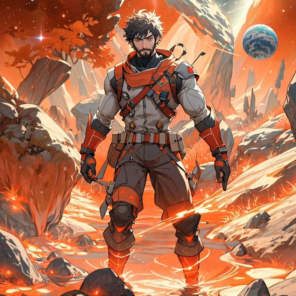 Draw a young warrior on a research platform floating in the middle of an asteroid belt. He is studying with a notebook, surrounded by several asteroids glowing with fiery auras. Dramatic lighting from distant stars and planets illuminates the scene, casting deep shadows on the suit. The young man looks confident and determined, looking at the vast and mysterious universe with admiration and respect, facial hair