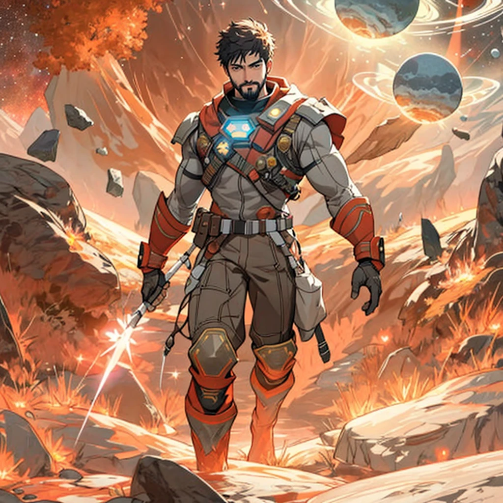Draw a young warrior on a research platform floating in the middle of an asteroid belt. He is studying with a notebook, surrounded by several asteroids glowing with fiery auras. Dramatic lighting from distant stars and planets illuminates the scene, casting deep shadows on the suit. The young man looks confident and determined, looking at the vast and mysterious universe with admiration and respect, facial hair