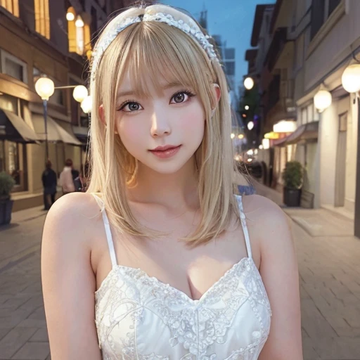 最high quality, masterpiece, High resolution, One girl, White flared chiffon short dress, smile, Mouth closed,lips, Blonde long hair, Beautiful eyes in every detail,Fine eyelashes, Beautiful Face,On top of that_body, Tyndall effect,Realistic, Rim Light, Two-tone lighting,(Skin with attention to detail:1.2), 8K Ultra HD, Digital SLR, Soft lighting, high quality, Volumetric lighting, Frank, photograph, High resolution, 4K, 8k, Bokeh, In the downtown area, afternoon