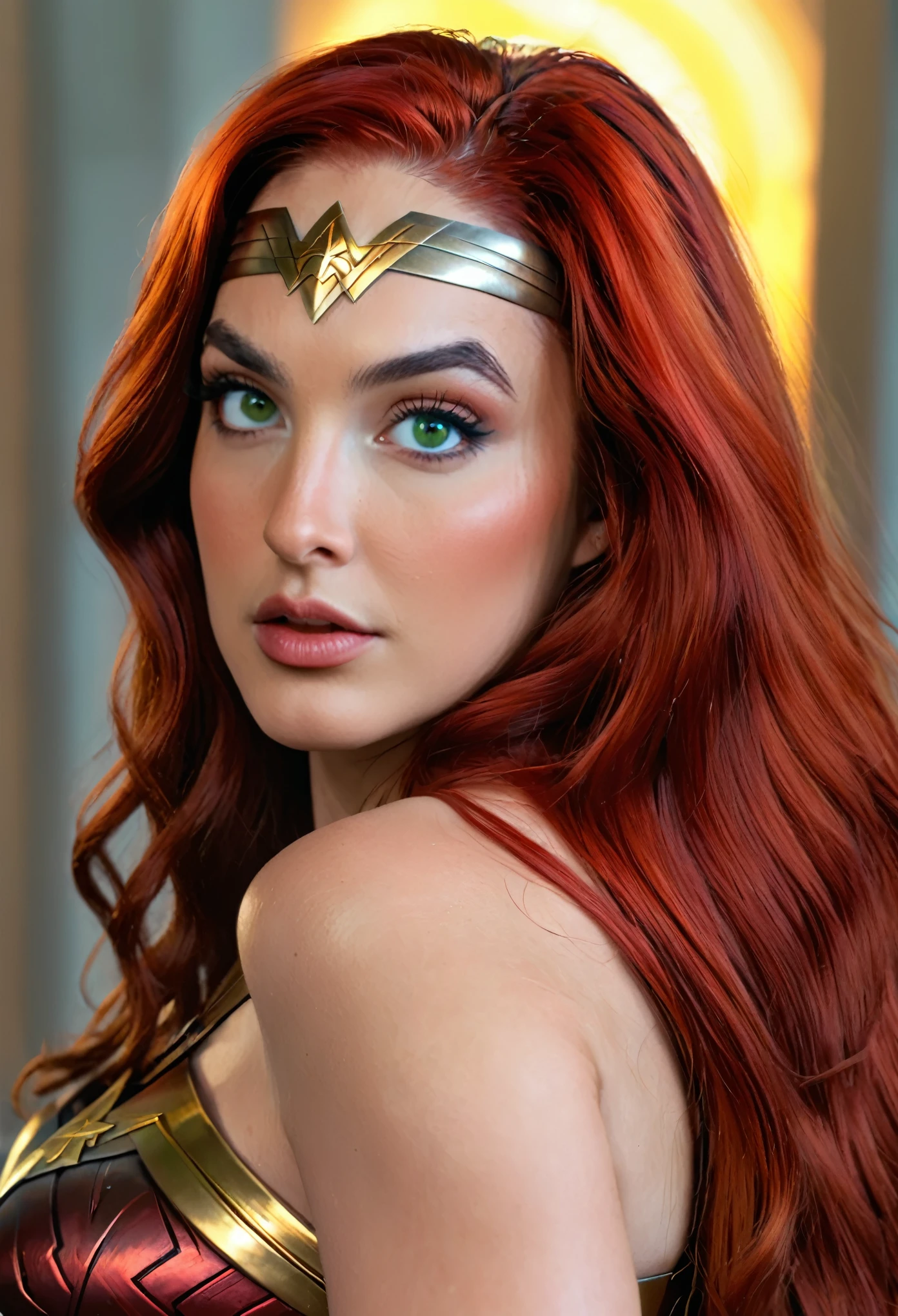 A beautiful sexy Red hair, green-eyed classic 70s Wonder Woman (detailed realistic,4k,highres,masterpiece:1.2), (Straight hair)