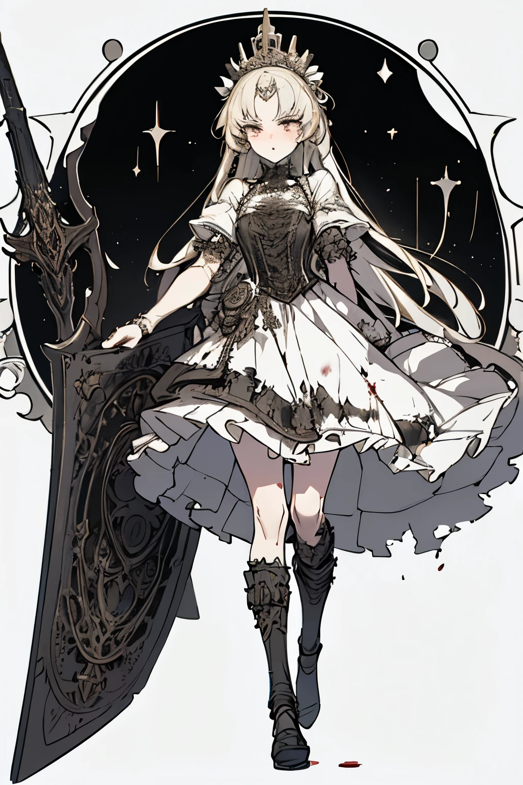 ((best quality)), ((masterpiece)), (detailed), perfect face ((best quality)), ((masterpiece)), (detailed), blank white background, plain background, white background, Bloodborne inspired, occult aesthetic, occult, detailed and intricate steampunk and detailed gothic, (zentangle, mandala, tangle, entangle), NSFW, torn clothing, Very dramatic and cinematic lighting, cosmic horror, grim-dark, side-lighting, perfect face, a beautiful goddess adorned and enshrined in armour, Bloodborne inspired , occult aesthetic , occult , detailed and intricate steampunk and detailed gothic , wielding a sword and holding a shield, NSFW, Fluttering lace flared short dress with frilly petticoats, knee length dress, pleated petticoats, ta dress, petticoats gothic loliside-lighting, gothic lolita aetic, beautiful small breasts, small breasts, full body, whole body, body, plain background, white background, blank background, no background, white background NSFW, full body, whole body, head-to-toe