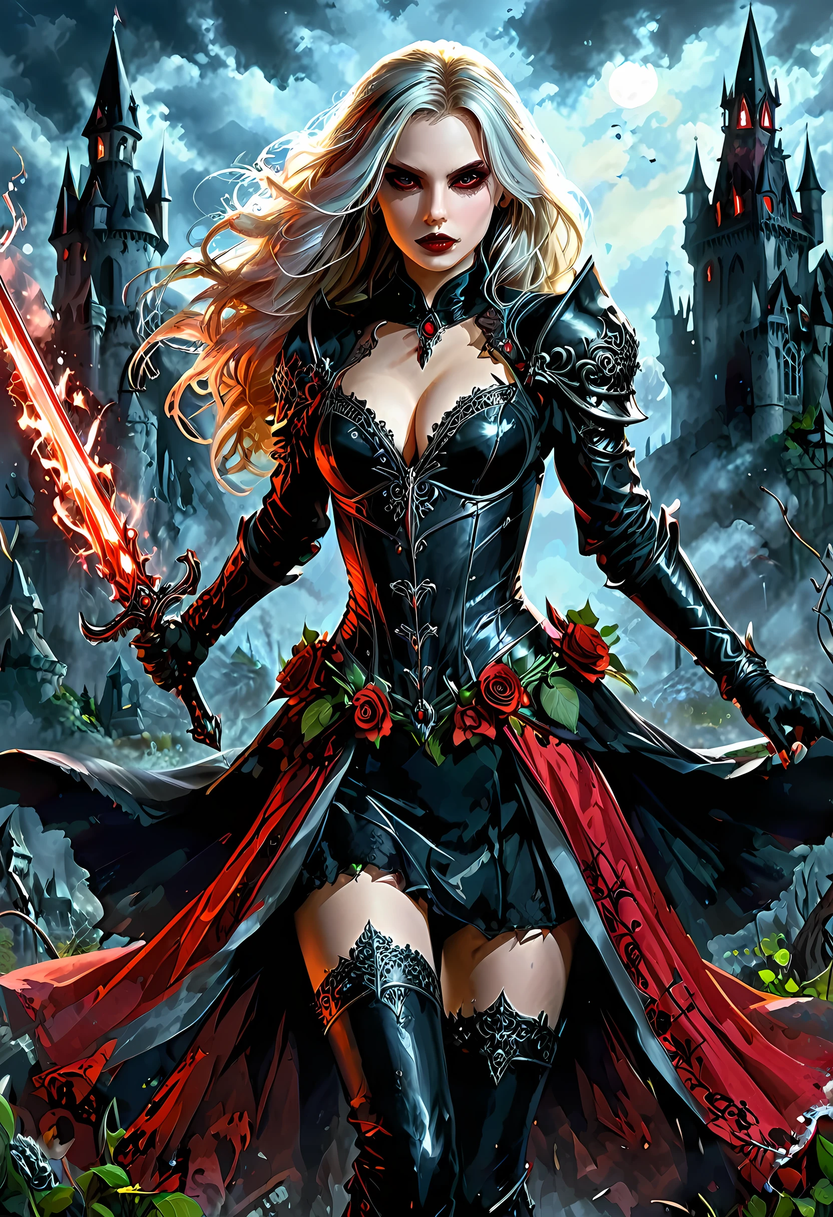 modisn disney, Arafed, action shot, Dark fantasy art, fantasy art, goth art, a picture of a female vampire, exquisite beauty, full body shot, dark glamour shot, pale white skin, blond hair, long hair, wavy hair, (glowing grey: 1.3) eyes, she wears a (red: 1.3) red tight suit, ArmoredDress, she holds a sword in hand, (ready for battle: 1.4) , the roses are imprinted on the suit (black: 1.4) black roses, high heels, dark castle, dark, black and color, Dark Art Painting Style, flower dress, dark novel