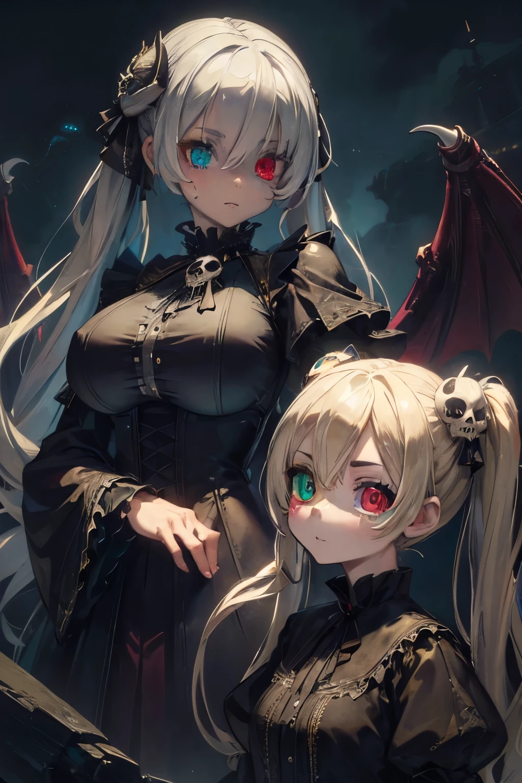 (masterpiece, highest quality, highest quality, Official Art, beautifully、aesthetic:1.2),(heterochromia:1.5),skyblue eye,gold eye,Blonde,Long twin tails,Mature Woman,Big Tits,Black Gothic Lolita,Skull hair ornament,Dragon&#39;s Tail,Expressionless,Long skirt,About 20 years old,Burning star,dinosaur,Character portrait