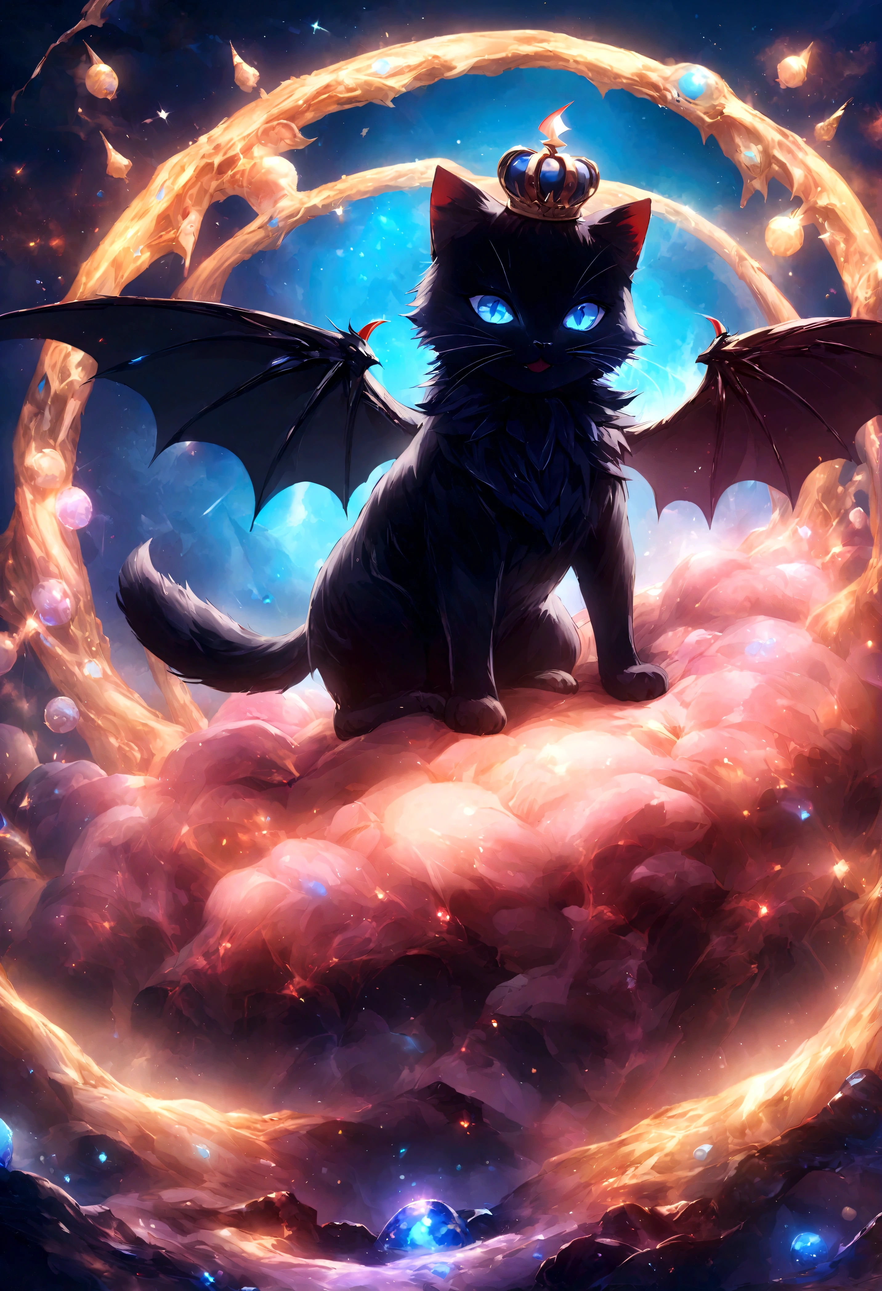 black cat、Beautiful blue eyed cat、Black crown、Black and blue vampire wings、Glare、Rin々Funny face、beautiful、blue Moon、Lots of blue light、Fantasy black cat，Facial close-up enhancement，AmbiLight，The colors are vivid and bright，Black background，haze，Detailed depiction，Rich details，Explosion of imagination，Surreal，Ultra-realistic，masterpiece，8k，Light，Tyndall effect