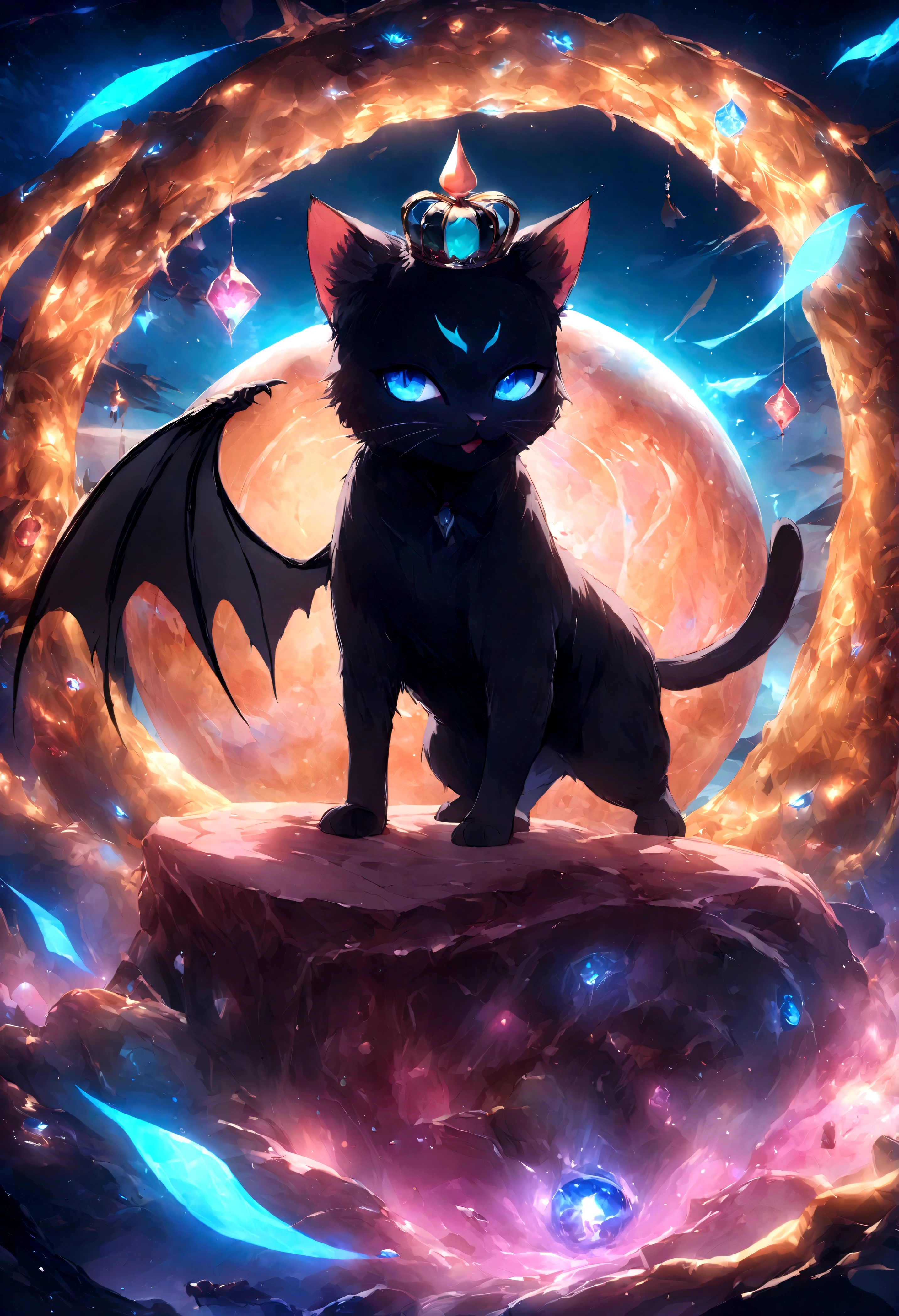 black cat、Beautiful blue eyed cat、Black crown、Black and blue vampire wings、Glare、Rin々Funny face、beautiful、blue Moon、Lots of blue light、Fantasy black cat，Facial close-up enhancement，AmbiLight，The colors are vivid and bright，Black background，haze，Detailed depiction，Rich details，Explosion of imagination，Surreal，Ultra-realistic，masterpiece，8k，Light，Tyndall effect