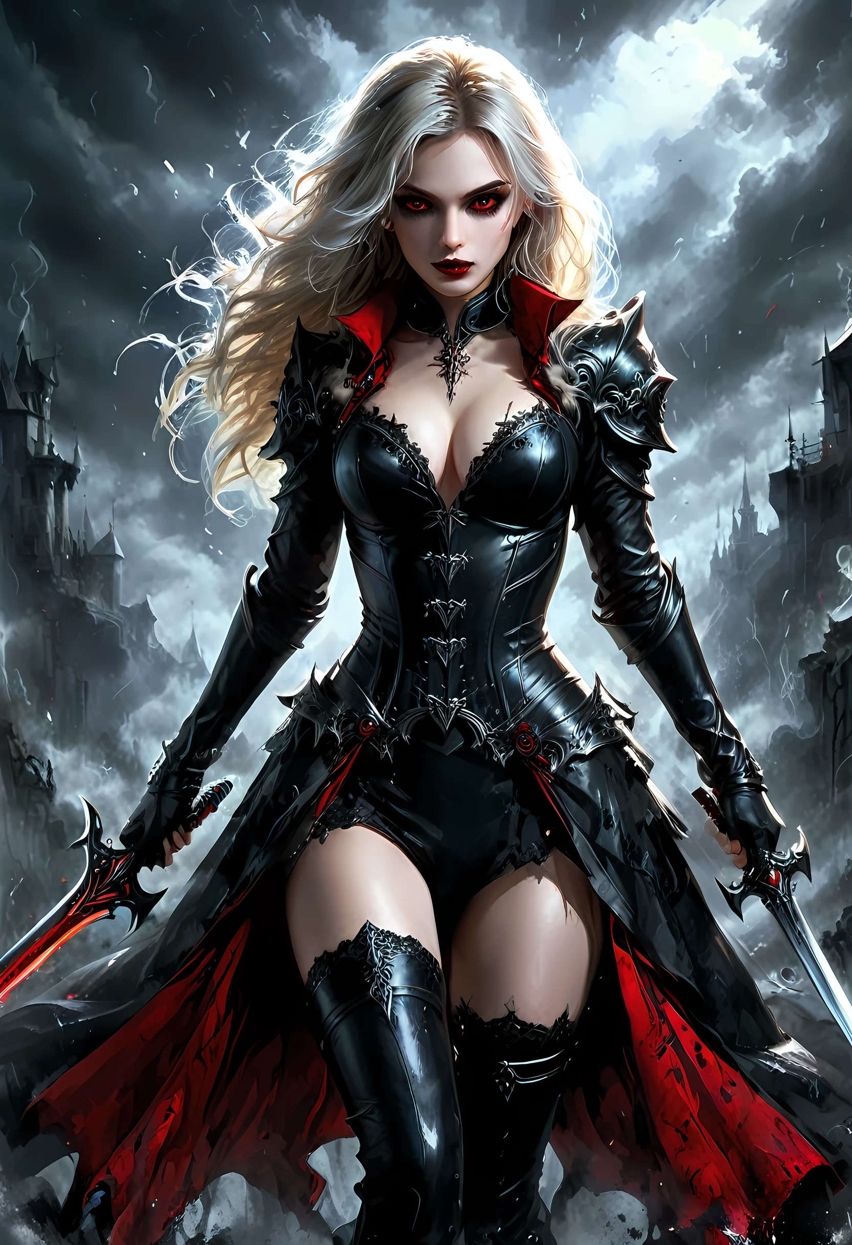 modisn disney, Arafed, action shot, Dark fantasy art, fantasy art, goth art, a picture of a female vampire, exquisite beauty, full body shot, dark glamour shot, pale white skin, blond hair, long hair, wavy hair, (glowing grey: 1.3) eyes, she wears a (red: 1.3) red tight suit, ArmoredDress, she holds a sword in hand, (ready for battle: 1.4) , the roses are imprinted on the suit (black: 1.4) black roses, high heels, dark castle, dark, black and color, Dark Art Painting Style, flower dress, dark novel
