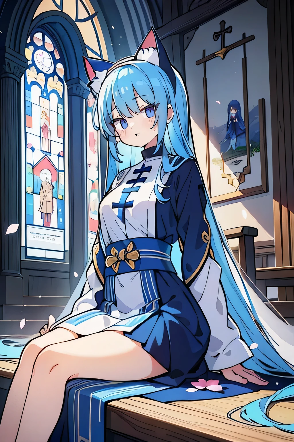 (masterpiece:1.2),Extremely detailed,Practical,expressive eyes,Fair skin,Perfect face shaping,1 Girl,
Japanese cartoons,Gorgeous blue hair, the long flowing blue hair,Floating clothes,Cat ears,Petals fall,beautiful lola,Young Angel,
Place your hands on your waist,sit elegantly on the ground,Cross your legs,Gentle and peaceful background,church,Nun&#39;s Clothes,back view,lie on the water,Large Breasts, H Cup, Good breasts, Place your hands on your waist,beautiful, Gorgeous,Japanese cartoons,girl,Lola,Hina Angel, Blue Hair, Blue Haired,Tent breasts, tent box, tent chest, Floating clothes,Grab your waist, Grab your waist, Hands on Hips , hands on hips,sit, sit on ground, Legs on the ground. 