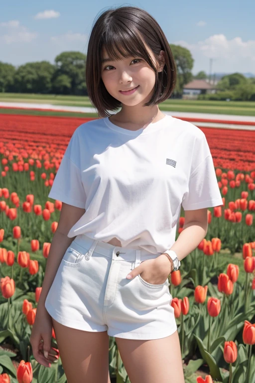 Japanese -yeld gibewitching look, white T-shirt, white miniskirt, standing, open legs 30°, thick legs, bare feet, whole body, short hair、smile, tulip field, blue sky