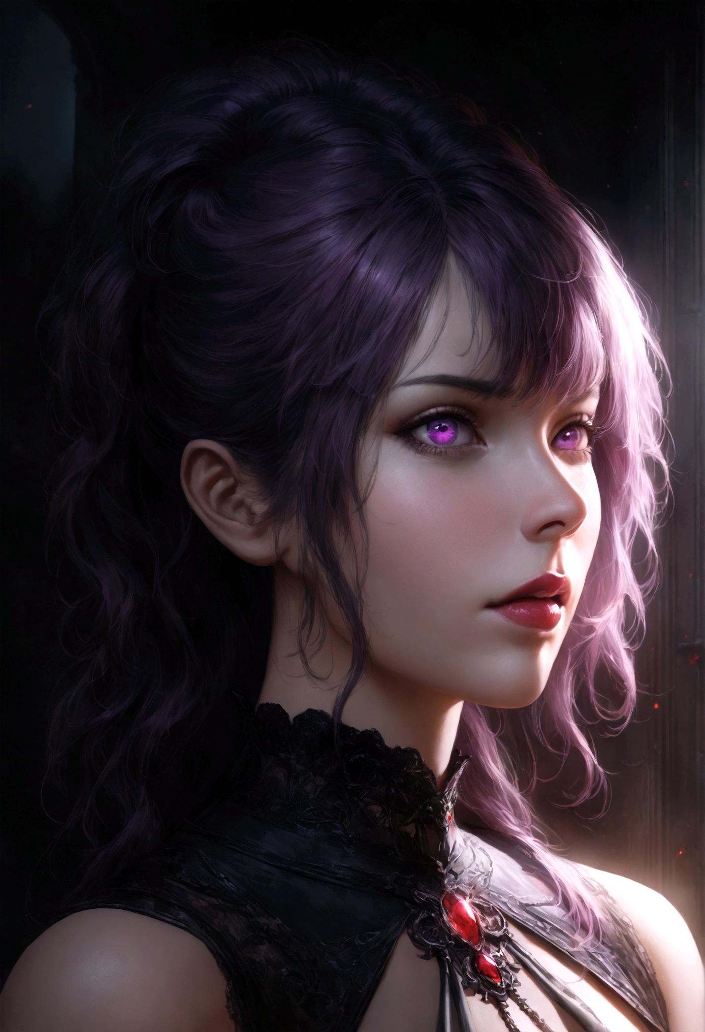 a beautiful vampire queen girl with long purple hair, purple eyes, beautiful detailed eyes,beautiful detailed lips,extremely detailed eyes and face,longeyelashes, wearing a red gothic dress, in a dark gothic city with a full moon in the night sky, (best quality,4k,8k,highres,masterpiece:1.2),ultra-detailed,(realistic,photorealistic,photo-realistic:1.37),gothic,dark fantasy,dramatic lighting,cinematic,moody atmosphere,dramatic shadows,intricate details,vibrant colors
