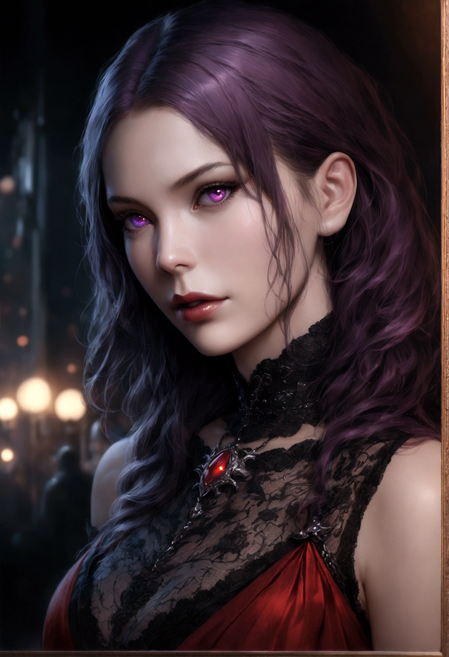 a beautiful vampire queen girl with long purple hair, purple eyes, beautiful detailed eyes,beautiful detailed lips,extremely detailed eyes and face,longeyelashes, wearing a red gothic dress, in a dark gothic city with a full moon in the night sky, (best quality,4k,8k,highres,masterpiece:1.2),ultra-detailed,(realistic,photorealistic,photo-realistic:1.37),gothic,dark fantasy,dramatic lighting,cinematic,moody atmosphere,dramatic shadows,intricate details,vibrant colors