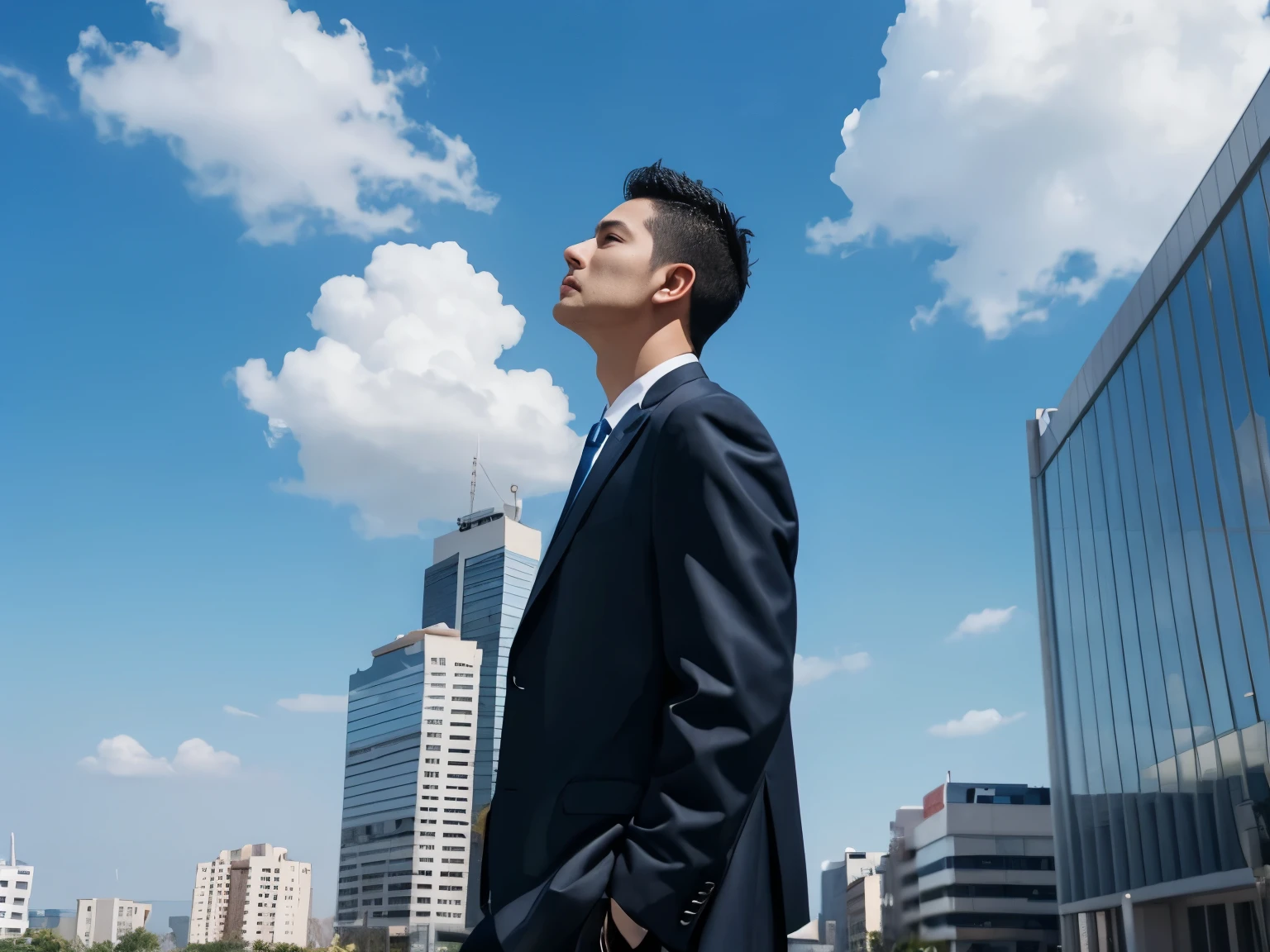 Businessman, building, blue sky, face front