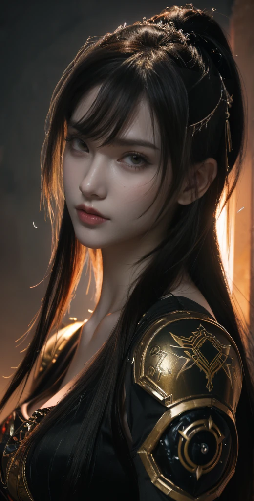 Masterpiece,Game art,The best picture quality,Highest resolution,64K (Portrait),Unreal Engine 5,(Digital Photography),((Portrait Feature:1.5)),20 year old girl, Short hair details,With long bangs,(The red eye makeup is very meticulous),(long  hair:1.4),(Large, full breasts),Elegant and noble,Brave and charming,super cuteness face, 
(Future armor combined with the characteristics of ancient Chinese armor,Hollow design,Power Armor,The mysterious Eastern runes,A delicate dress pattern,A flash of magic),Warrior of the future,Cyberpunk figures,Background of war,
Movie lights，Ray tracing,3D Game CG artstyle,3D,OC rendering reflection pattern,full body 