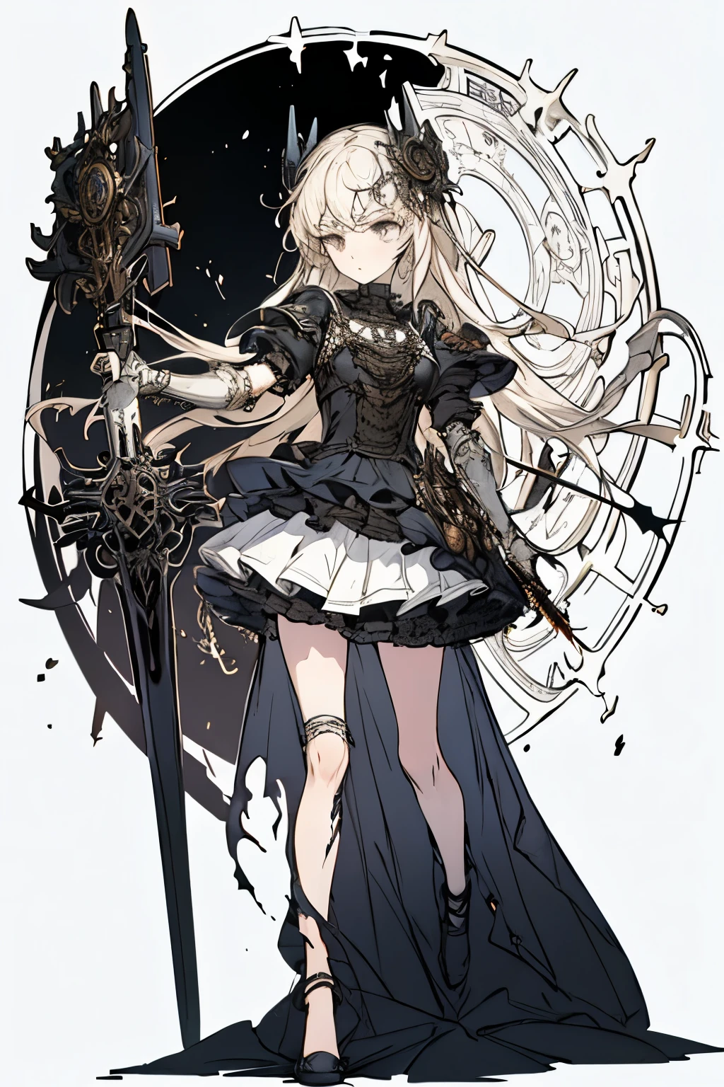((best quality)), ((masterpiece)), (detailed), perfect face ((best quality)), ((masterpiece)), (detailed), blank white background, plain background, white background, Bloodborne inspired, occult aesthetic, occult, detailed and intricate steampunk and detailed gothic, (zentangle, mandala, tangle, entangle), NSFW, torn clothing, Very dramatic and cinematic lighting, cosmic horror, grim-dark, side-lighting, perfect face, a beautiful goddess adorned and enshrined in armour, Bloodborne inspired , occult aesthetic , occult , detailed and intricate steampunk and detailed gothic , wielding a sword and holding a shield, NSFW, Fluttering lace flared short dress with frilly petticoats, knee length dress, pleated petticoats, ta dress, petticoats gothic loliside-lighting, gothic lolita aetic, beautiful small breasts, small breasts, full body, whole body, body, plain background, white background, blank background, no background, white background NSFW, full body, whole body, head-to-toe