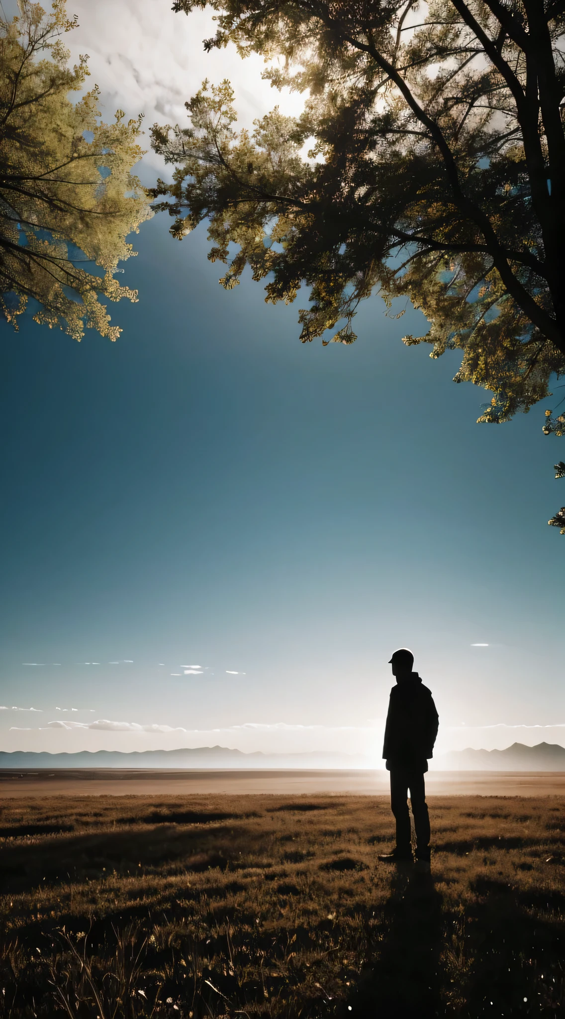 Composition of a  figure, Standing alone in a mysterious and emotional environment. The background should be original, Unspoiled nature, Capturing the essence of minimalism and tranquility. The outline of the character should be relatively small in the picture, Emphasize the vastness of the surrounding unspoiled nature. This image will evoke contemplation and wonder at the original, Mysterious outdoor scene.
