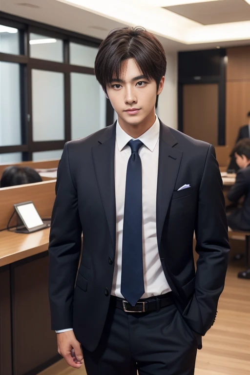 Dark brown suit、　A fresh and handsome 20-year-old new employee、　（A super cool S-class man in a suit）、　20 year old Japanese boys、　Businessman、　Ultra-luxury suits、　office、　Standing in a suitＳYoung and handsome men、　Full body photo、　（CG Unity 8KのVery detailed写真）、　（Very detailedＳHandsome man in class）、　（Photorealistic）、　　（（highest quality））、　Super detailed、　（masterpiece）、　Ultra HD、　expensive、　audience、　kind person、　Very beautiful hair、　short hair、　Bright photo、　Handsome like a model、　Handsome like an idol、　Luxury Watches、　Cool belt、　Japanese