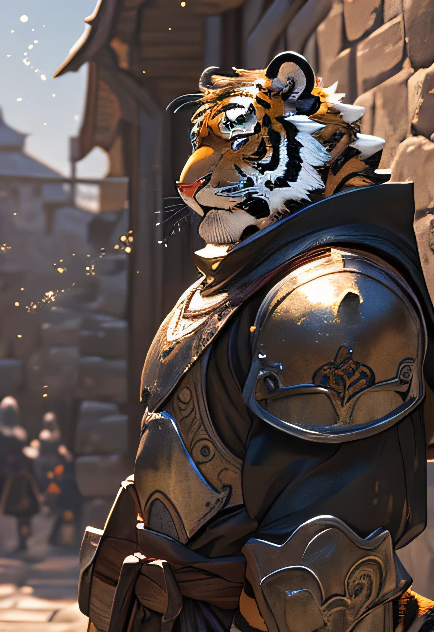 Solo, Kemono, (Tiger, Anthro, Male, (Orange and Black Stripe Body)), Fur, Tail, Muscles, Handsome, Armor, Knight Armor, Medieval, Fantasy, Gate, Kingdom, Outside, Outdoor, Sunny, Day, Gate Keeper, Guard, Eyes Close, Smiling, Epic, Depth of Field, Perfect Lighting, (Light Particles), (Best Quality), (Masterpiece), (Ultra Detailed), Sharp Focus, Light particles, (Half Body Picture), Close Up Angle (Detailed Face Features)