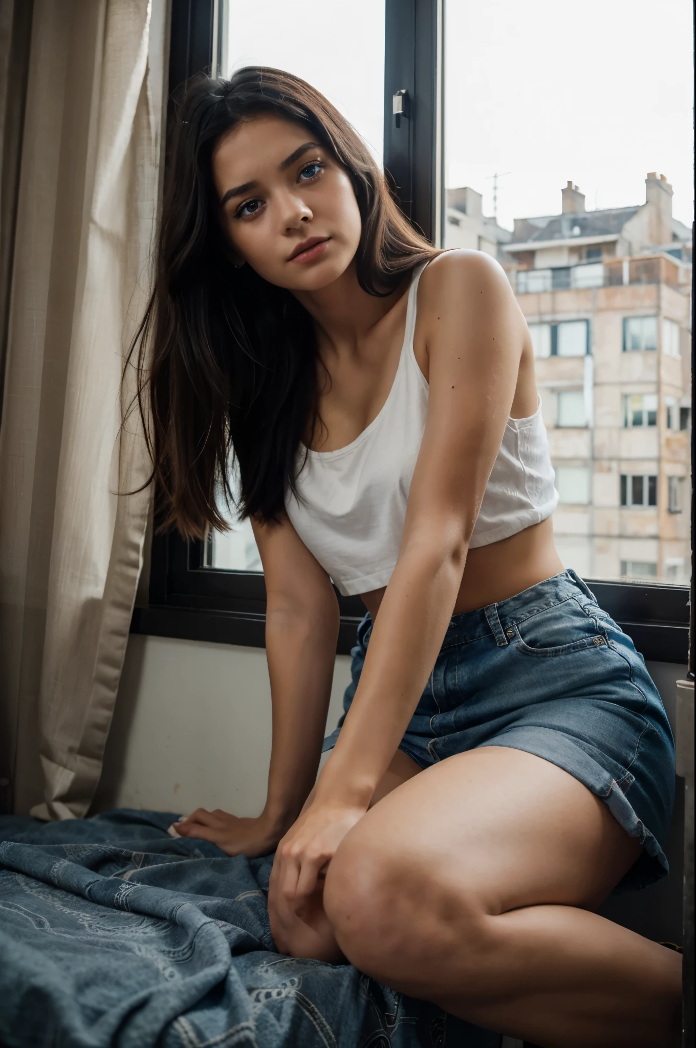 best quality, masterpiece, black hair, blue eyes, young woman, sitting next to window and see her image, surprise in her eyes with tears, alone place, old place, big place
