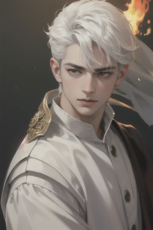 (Photorealistic: 1.4), ALMIGHTY (Most Powerful), KING OF KINGS & LORD OF LORDS, White Outfit, Short White Hair, Handsome, Attractive, Fire Aura, Face Close Up(Center Angle), Face Light,  High Resolution