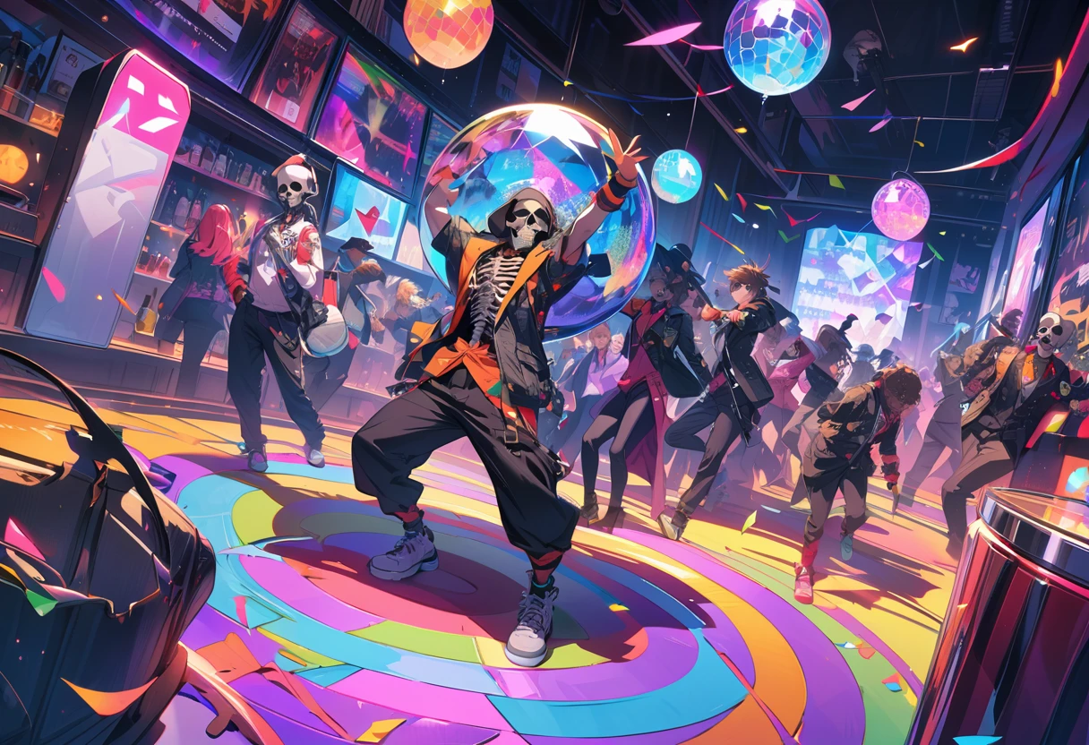 (masterpiece, best quality:1.1), (ultra highres, ultra-detailed:1.2) ,many Skeleton gentlemen,Skeletons having fun at a party,enjoy,dance club,Mirror ball,colorful,