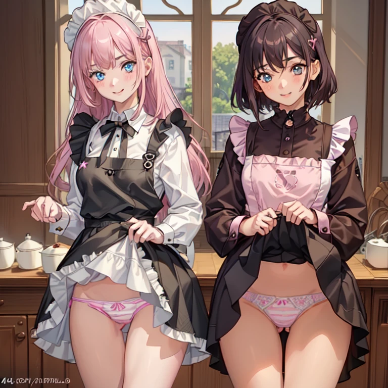 highest quality, masterpiece,((ars old:)),  ((2 girls:1.5)), ((smile:1.3)), (blush:1.3), Black Shirt, blouse, ((fun!!)), (Small breasts), Blonde, (Long sleeve), ((White apron:1.5)), ((Maid)), ((hair ornaments)), Kamimei, look at me, ((in house:1.5)), Taking a break from watching the audience, Cowboy Shot, (skirtlift:1.3), (Highly detailed pink striped panties:1.3), (Highly detailed panties:1.3), (skirt that rolls up:1.3), (Panties fully exposed:1.5), Light blue eyes, long hair, Glowing Eyes