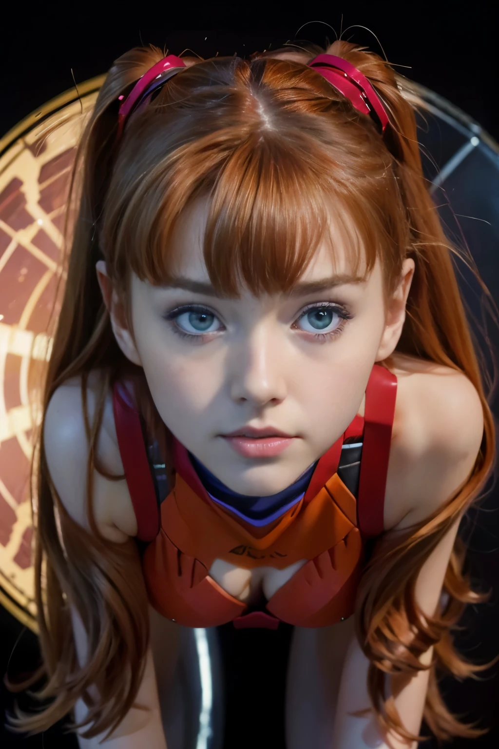 (best quality, high resolution), ultra-detailed, realistic, 1 girl, Asuka Langley Soryu, pretty mixed pretty German girl, stunning long red auburn hair, beautiful detailed dark blue eyes, flawless fair skin, busty body, (half full photo: 1.5), (from bottom to top: 1.5), space station, full red latex evangelion costume, accentuated body line, dramatic lighting, combining realism and anime influences. large and wide nipples, (dynamic posture, big perky ass, pubic hair,)