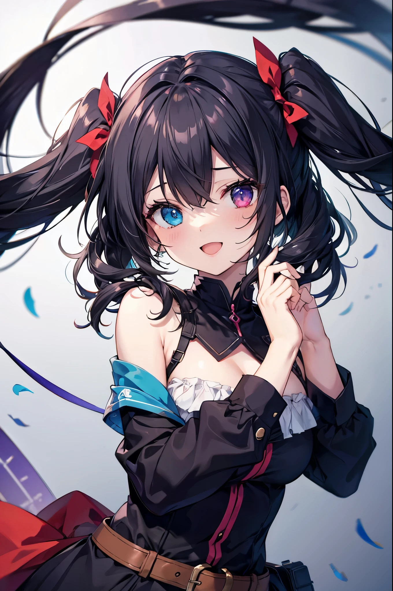 ,Beautiful breasts,Laughing with your mouth open,Black-haired,Twin tails,Adventurer Costume,Heterochromia iridis,Best image quality,highest quality