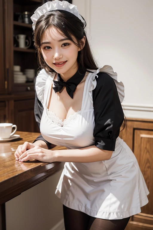 Close-up of a woman wearing a maid outfit, smile, laughter, pink and white maid costume, masterpiece, realistic, sharp focus, (realistic:1.3), ultra high res, 8k, RAW photo, best quality, detailed shadow, amazing, finely detail, sharp focus, (shine light on face:1), (Volumetric lighting:1.4), 1 girl, long hair, black hair, large breasts, heart-shaped face,Full lips,(maid:1.4), black pantyhose, loafers, standing, cafe, from below, looking at viewer