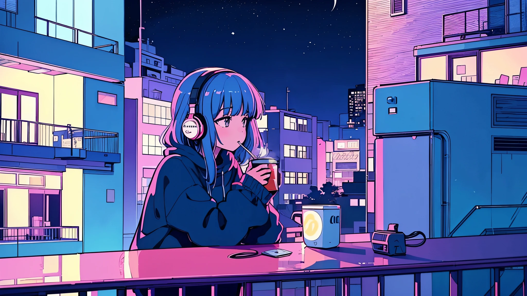 Ultra wide angle, A girl drinking hot coffee while listening to jazz music through headphones, Watching the night sky from the balcony, alone, Lofty Girl, Lo-fi Art Style, Lofty Girl aesthetic, By Gairan, anime aesthetics, relaxed mood, lo-fi illustration style