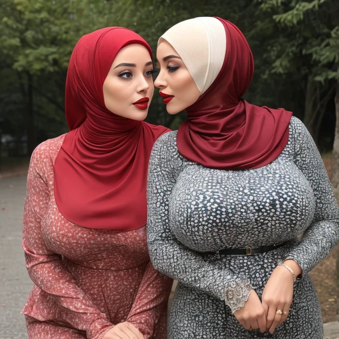 (wearing-hijab:1.4), 2woman,  Lesbian Scene, Deeply Kissing, Sharing Passionate Groping Breast, in the park, wet situation, ((ultra gigantic tits))), ((plump body shape)), ((Plump)), (()), (Detailed description of face),(Detailed description of body), Fair and clear skin, matchless beauty, long legged, ,(Stockingeauty mole,(Sapphire Necklace),(mature royal sister),(red-lips),(),、, doress、, muslim woman in a Delicate turtleneck print peplum dress