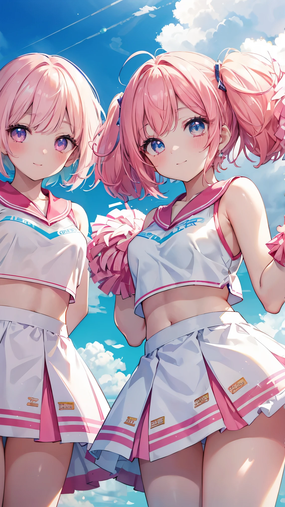 Short Hair、Pink Hair、Twin tails,Detailed sparkly eyes、Peach eyes,A radiant smile,、shine、reflected light、Film Grain、masterpiece、Textured Skin、Super Detail、High Detail、high quality、最high quality、High Resolution、16k、shine,Cheerleader,cheer leading,Underskirt,blue sky,,,