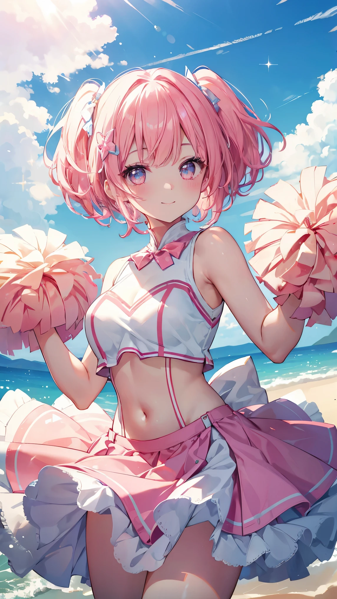 Short Hair、Pink Hair、Twin tails,Detailed sparkly eyes、Peach eyes,A radiant smile,、shine、reflected light、Film Grain、masterpiece、Textured Skin、Super Detail、High Detail、high quality、最high quality、High Resolution、16k、shine,Cheerleader,cheer leading,Underskirt,blue sky,,,