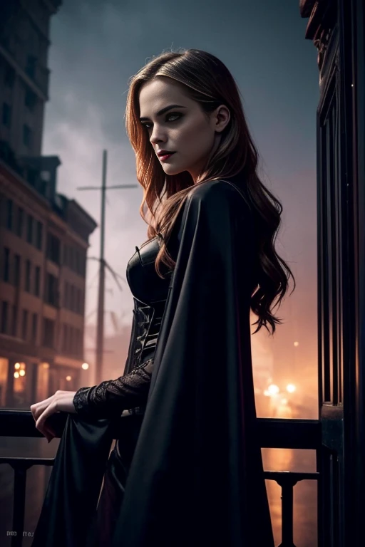 (Emily Wickersham:1.1),sexy,hot,vampire,night streets,looking for prey,dark mystery,beautiful red lips,long wavy hair,piercing gaze,mesmerizing aura,(horror,gothic:1.2) style,alluring figure,faint moonlight,enchanted atmosphere,haunting shadows,dense fog,romantic ambiance,subtle smirk,lingering desire,vampiric elegance,mysterious charm,expression of eternal beauty,enticing silhouette,thirst for blood,tempting allure,driven by instincts,undead existence,desire for immortality,tales of the night,unearthly grace,pervasive secrecy,intoxicating predator,noble fangs,powerful aura,intense magnetism,swirling cape,hauntingly beautiful visage,entrancing presence,immortal,colorful city lights,secrets lurking in dark corners,alluring nightfall,whispers in the wind.