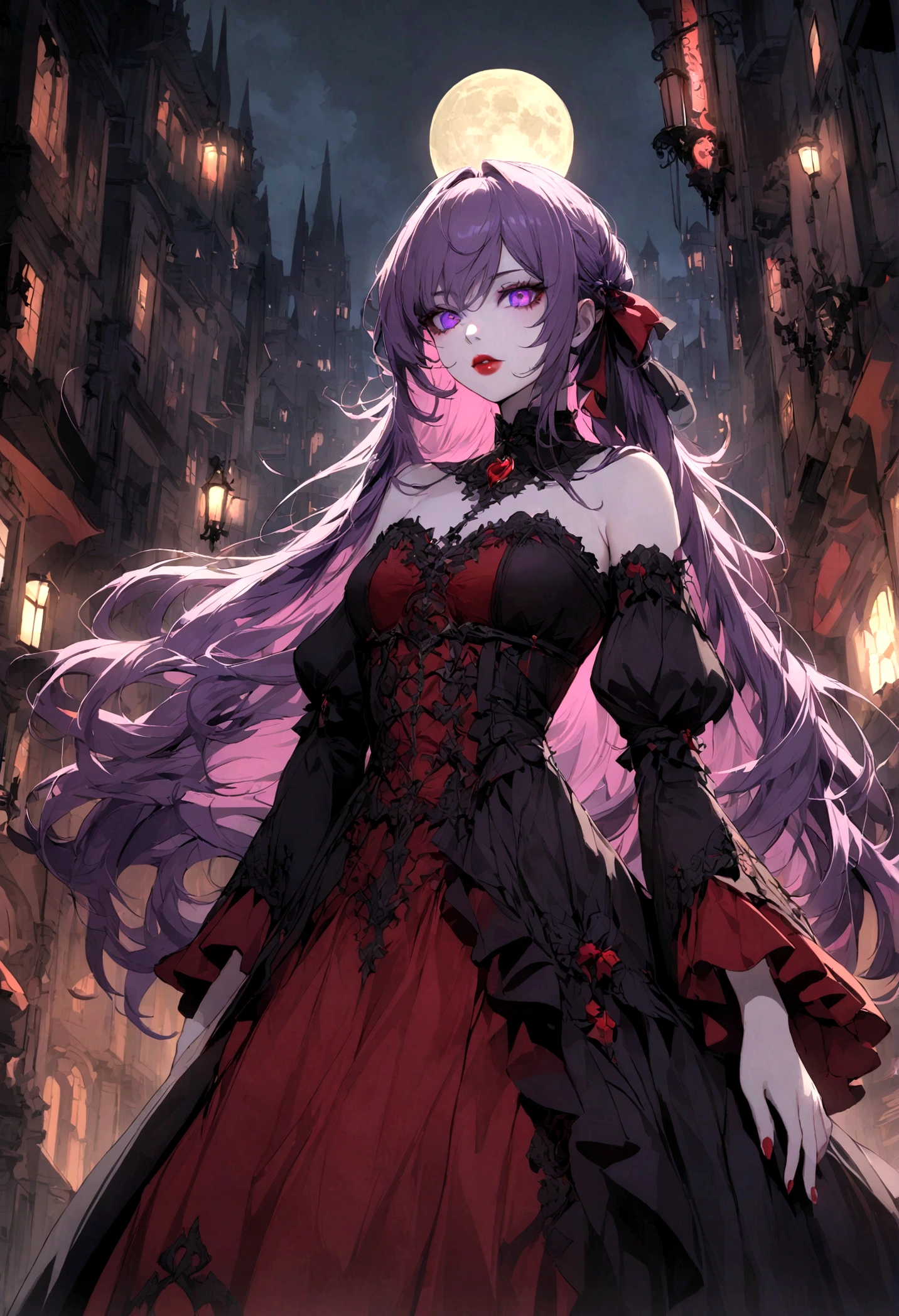 a beautiful vampire girl with long purple hair, purple eyes, detailed face, beautiful detailed lips, extremely detailed eyes and face, longeyelashes,wearing a red gothic dress, standing in a dark gothic city with a full moon in the night sky, detailed cityscape