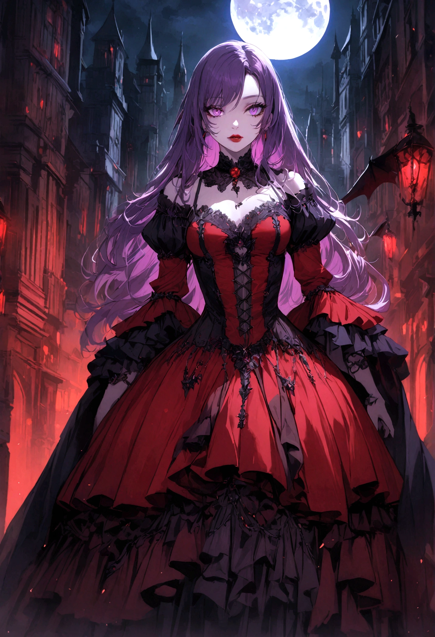 a beautiful vampire girl with long purple hair, purple eyes, detailed face, beautiful detailed lips, extremely detailed eyes and face, longeyelashes,wearing a red gothic dress, standing in a dark gothic city with a full moon in the night sky, detailed cityscape