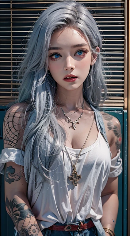 Realistic, High resolution, Soft Light, 1 Female, Age 25, alone, Hip Up, blue eyes, Gray Hair, Long Hair, jewelry, tattoo, Streetwear