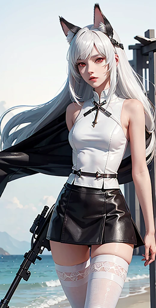 white color hair,Long hair,red eyes,Leather clothes,short skirt,teens girl,nakeness,white stockings,sniper rifles,Animal ears,Long legs,beachside,