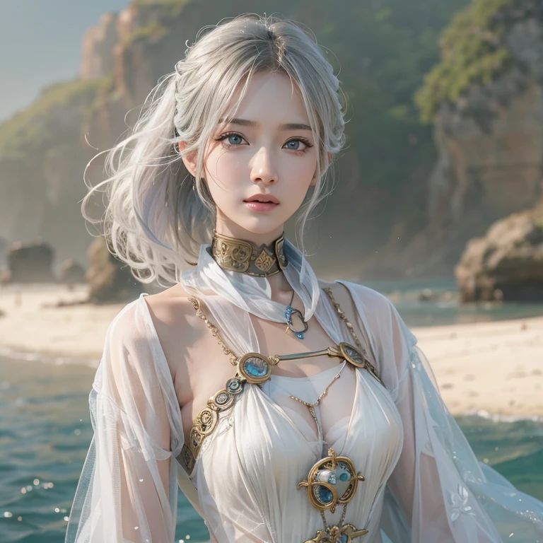 (masterpiece:1.3), (8k, Realistic, RAW Photos, Best image quality: 1.4), Fair-skinned fairy woman、Long Hair、Cleavage:2.0、Highly detailed face、Attention to detail、double eyelid、Chest to chest、Sharp focus:1.2、Beautiful woman:1.4、Silvery white hair、highest quality、masterpiece、超A high resolution、(Realistic:1.4)、Highly detailed and professionally lit smiles、Loose, Light, steampunk、Shoulders out、thin、Serious expression、Short-haired、Deadly position, one person、whole body,Walking on the beach、Gorgeous Necklace、
