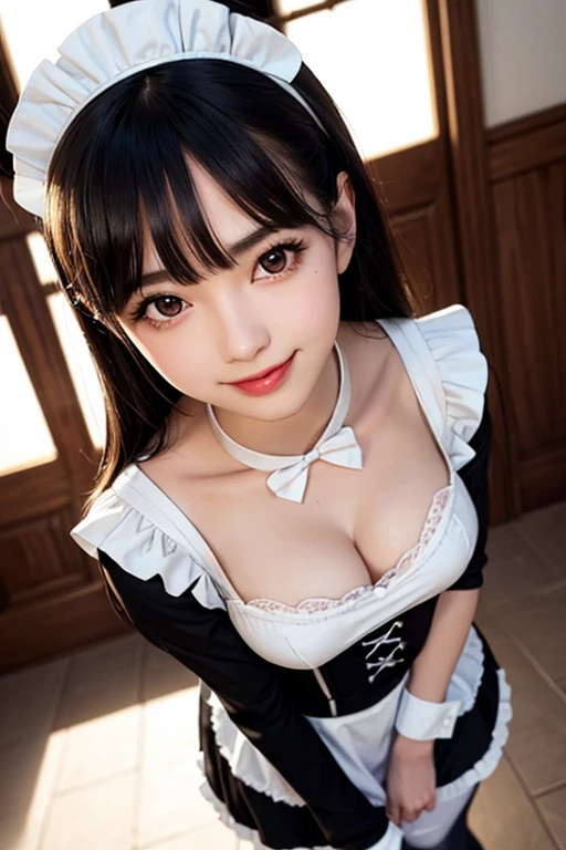 
Close-up of a woman wearing a maid outfit, smile, laughter, pink and white maid costume, masterpiece, realistic, sharp focus, (realistic:1.3), ultra high res, 8k, RAW photo, best quality, detailed shadow, amazing, finely detail, sharp focus, (shine light on face:1), (Volumetric lighting:1.4), 1 girl, long hair, black hair, large breasts, heart-shaped face,Full lips,(maid:1.4), black pantyhose, loafers, standing, cafe, from below, looking at viewer