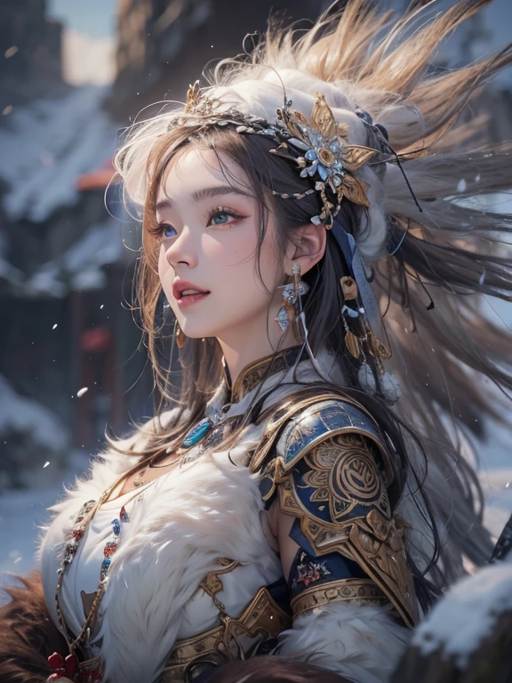 Hiding in the snowy mountains、Hair flow、 ((highest quality、masterpiece、8k、Best image quality、Ultra-high resolution、Award-winning works)、(Accurate anatomy:1.1)、(Look at me and smile:1.1)、Shining fair skin with Ultra-high resolution、The most detailed face、Ultra-high resolution detailed face、Ultra-high resolutionの髪の毛、(Ultra-high resolutionの煌めく瞳:1.1)、Beautiful face drawn in every detail、(Blurred Background:1.1)、Ancient Inuit clothing, Chest to chest, tattoo, Old ruins in the background、he'its big, You have a real hawk on your shoulder..