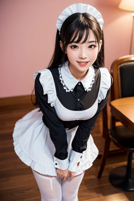 look up from below,(8k RAW photo:1.1),natural lighting,(beautiful Akihabara maid stands in cafe in black Victorian maid costume and headdress),(lift skirt showing slut without panty :1.3),(no makeup),((cute round face)),(smiling),((realistic)),highschool student, hair tied up and straight bangs,bright pale skin,((baby face blushing)),childish look,matt skin,no makeup,ultra cute, transparent eyes, adorable charm, elegance,Render in a realistic style with meticulous attention to detail,photorealistic, transparent air, (best quality, masterpiece, ultra detailed, ultra high res, photorealistic, raw photo, absurdres, absolutely resolution:1.3), photographed by professional photographers using the highest quality equipment