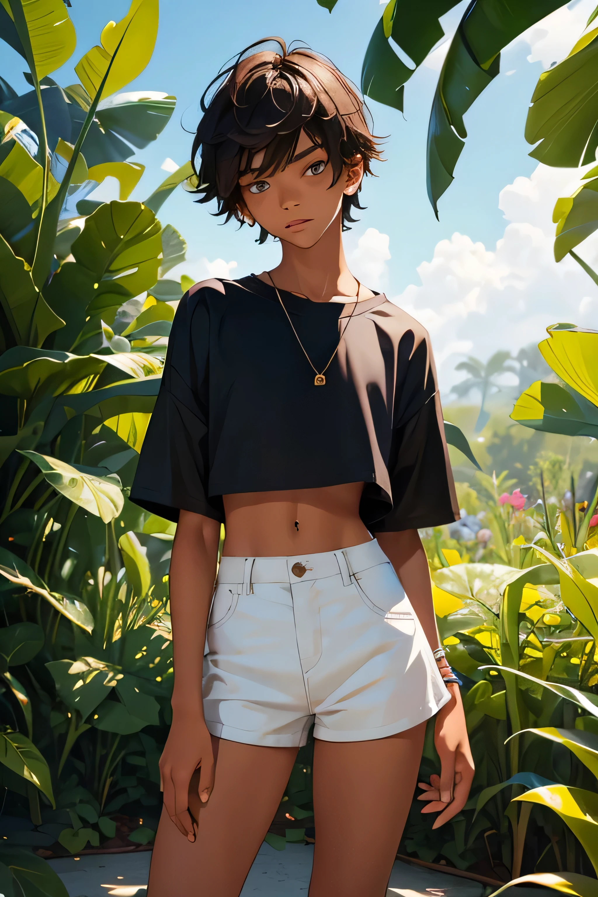 boy-model 16 yearoy is wearing a cropped shirt and too very much short mini shorts, the boy's legs are long and beautiful, his legs are very tanned, hot summer, top quality